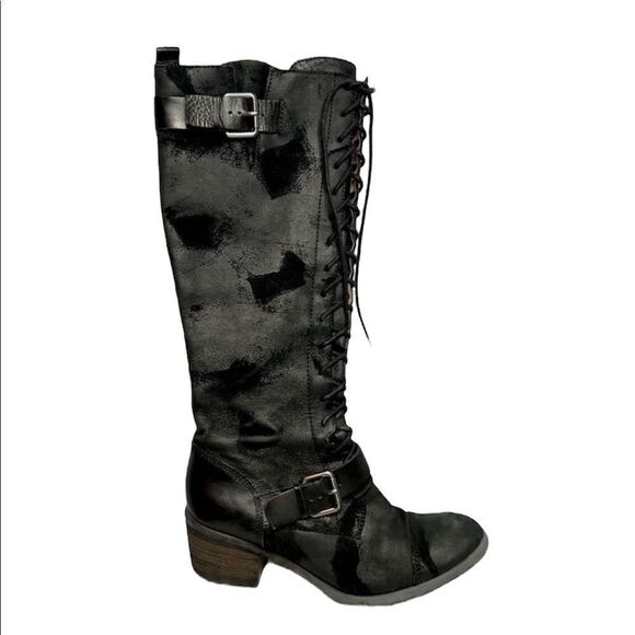 Donald J Pliner black leather distressed patch lace up tall Dnali boots size 8.5 - Picture 1 of 12